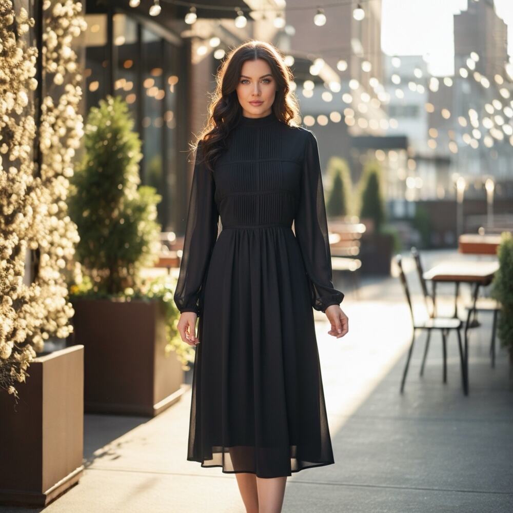 Talbots Vintage Black Pleated Midi A-Line Long Sleeve Dress Women’s 4